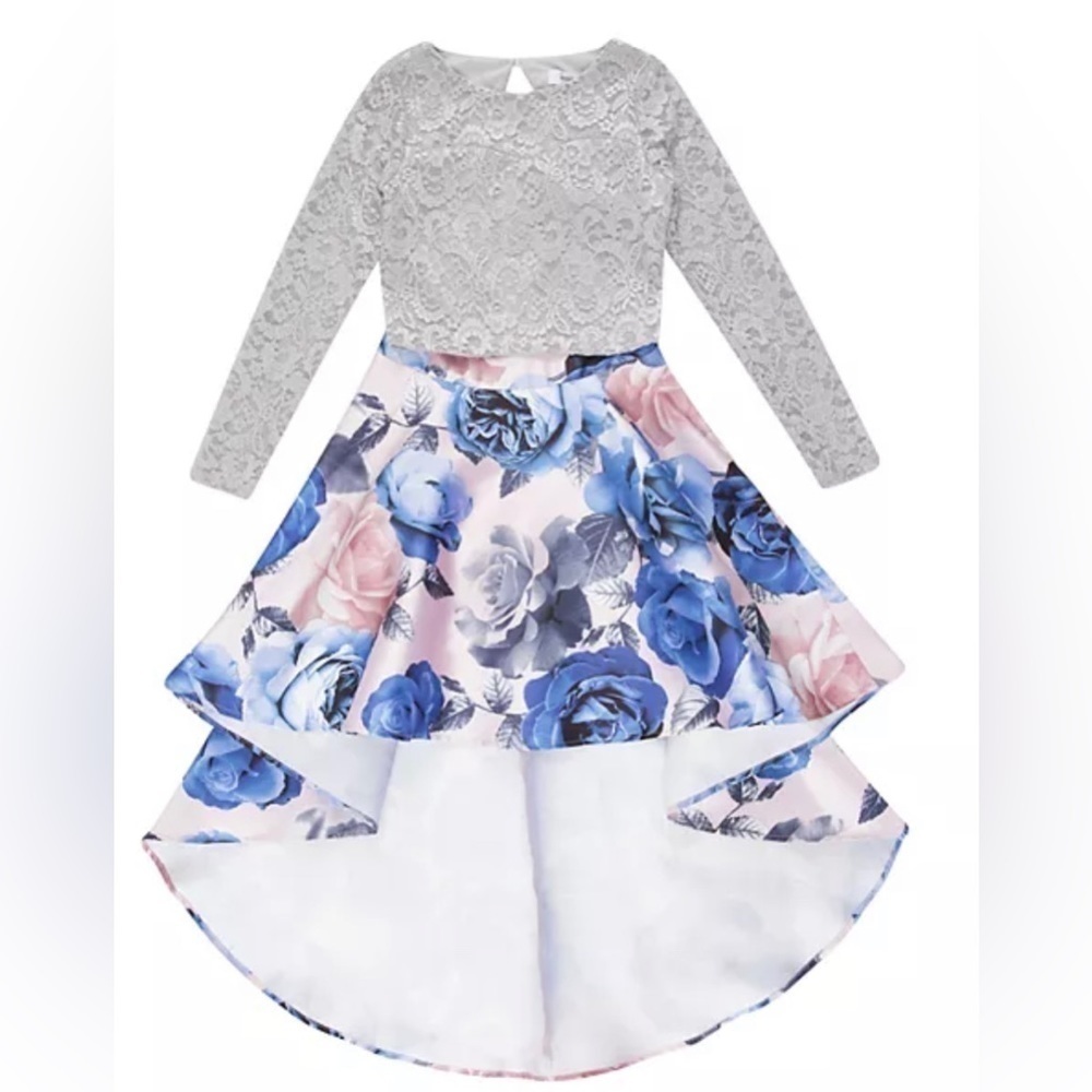 Long Sleeve Fit & Flare Girls Hi-Lo Dress Lacey Blue Glitter si…